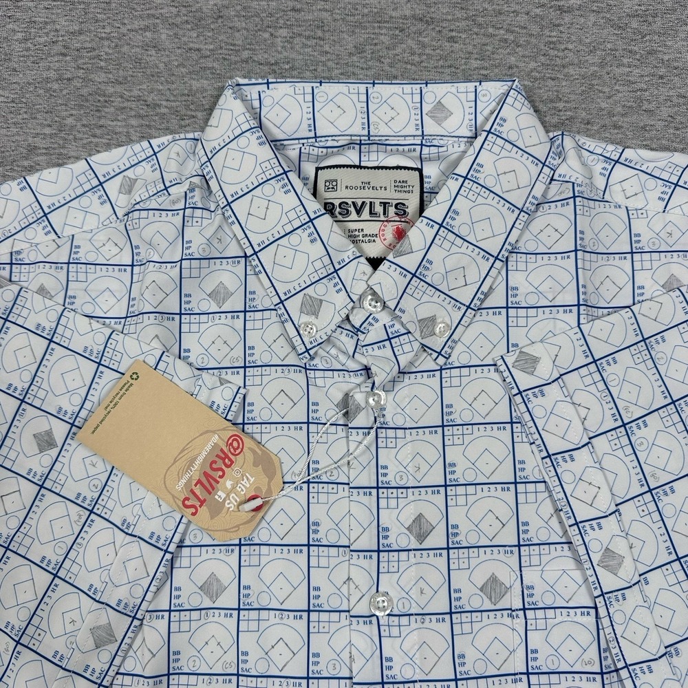 RSVLTS Shirt Mens XL White Blue Scorekeeper Stretch Baseball Button Down NEW